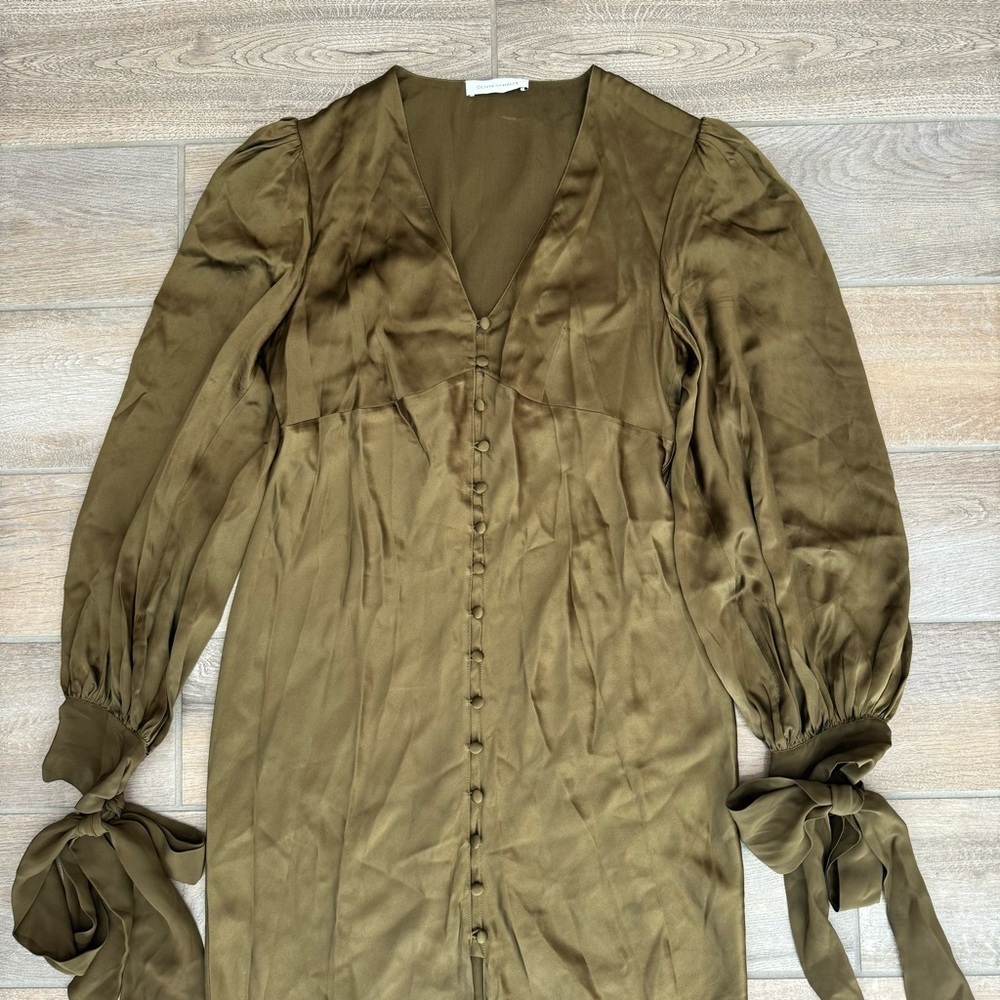 Olivia Von Halle Silk Midi Dress Button Down Tie Sleeve Olive Green Small - Picture 2 of 9